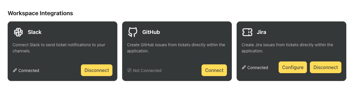 Integrations page showing cards with Connect buttons