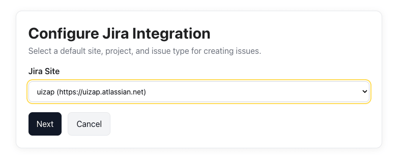 Select Jira site screen